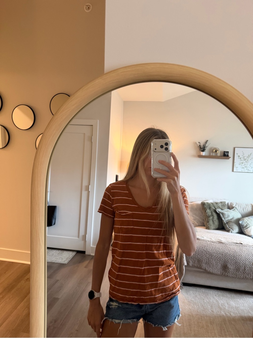 Universal Thread Rust Orange and White Striped V-Neck Tee